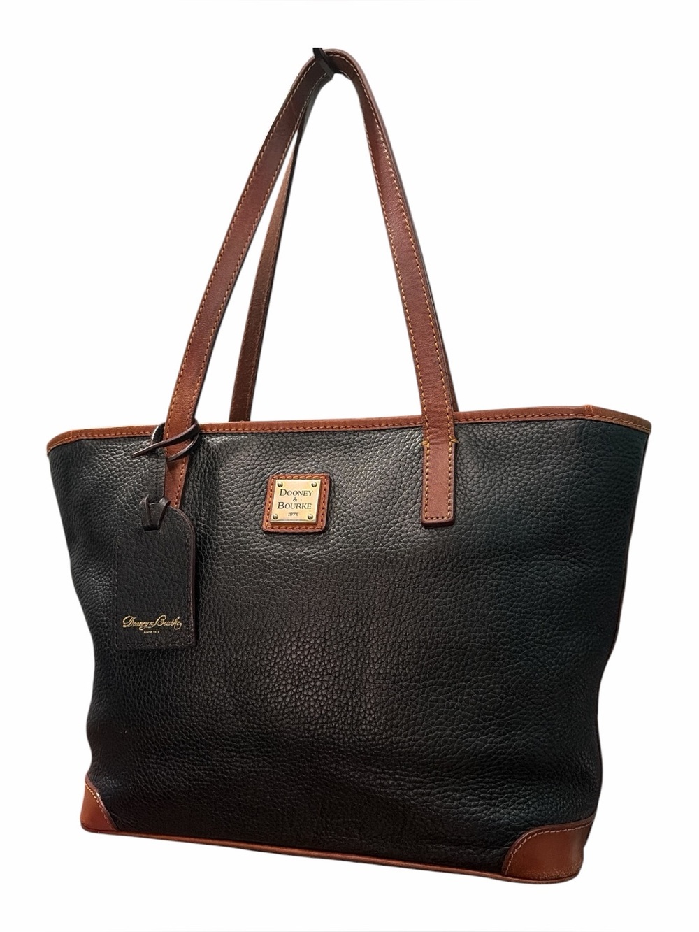 Dooney & Bourke Black Pebbled Charleston Leather Tote with Brown Trim